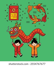 A collection of playful Chinese New Year icons featuring lion dances, lucky cats, koi fish, red envelopes, and traditional elements, ideal for festive designs and decorations.