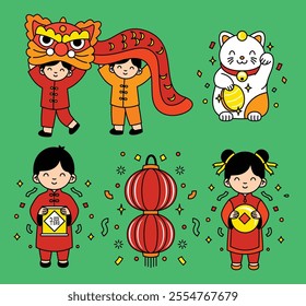 A collection of playful Chinese New Year icons featuring lion dances, lucky cats, koi fish, red envelopes, and traditional elements, ideal for festive designs and decorations.