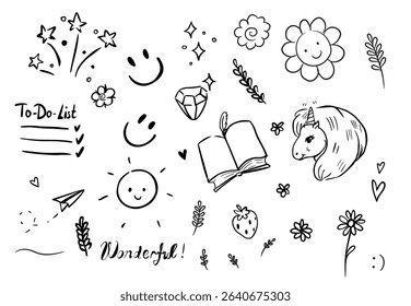 Collection of playful doodles featuring unicorns, stars, and smiley faces in black and white. Perfect for creative projects, adding a fun touch.