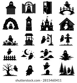 Collection of playful ghost illustrations in different settings like haunted house, castle, bridge, graveyard for Halloween.