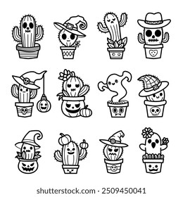 Coleção de rabiscos de cactos temáticos de Halloween brincalhões em potes, rabiscos de personagens de plantas de cactos assustadores, estilo de arte de linha preto e branco, ilustração vetorial.