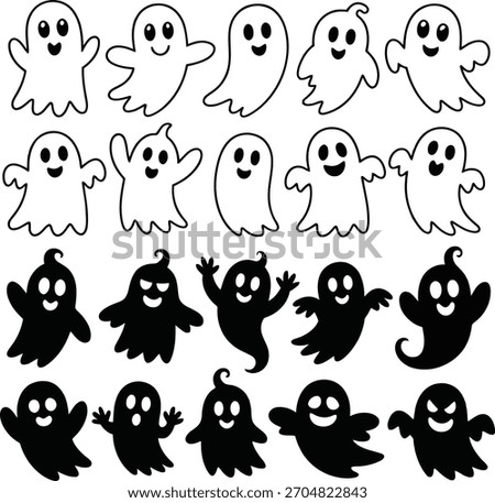 A collection of playful, hand-drawn ghost illustrations in both outline and silhouette styles, perfect for Halloween themes.