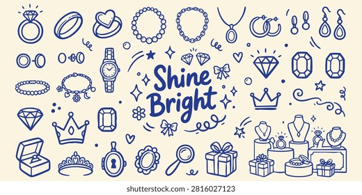 A collection of playful hand-drawn vector elements depicting rings necklaces bracelets watches crowns and gift boxes. Ideal for fashion or beauty campaigns.