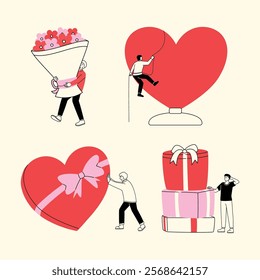 A collection of playful illustrations featuring men interacting with oversized Valentine-themed objects such as hearts, flowers, and gifts, emphasizing love and creative effort in a humorous style.