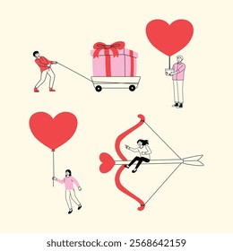 A collection of playful illustrations featuring men interacting with oversized Valentine-themed objects such as hearts, flowers, and gifts, emphasizing love and creative effort in a humorous style.