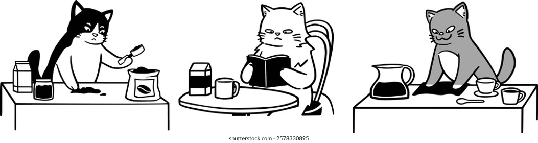 A collection of playful line art illustrations featuring funny cats engaging in various coffee shop activities, from brewing coffee to serving food, in a cozy cafe setting.