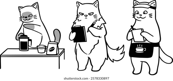 A collection of playful line art illustrations featuring funny cats engaging in various coffee shop activities, from brewing coffee to serving food, in a cozy cafe setting.