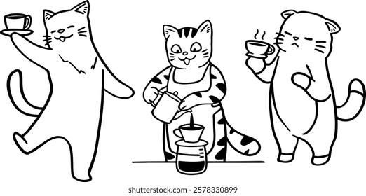 A collection of playful line art illustrations featuring funny cats engaging in various coffee shop activities, from brewing coffee to serving food, in a cozy cafe setting.