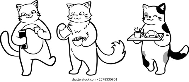 A collection of playful line art illustrations featuring funny cats engaging in various coffee shop activities, from brewing coffee to serving food, in a cozy cafe setting.