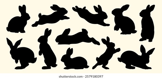 A collection of playful rabbit silhouettes in various poses, capturing their dynamic energy and charm.	