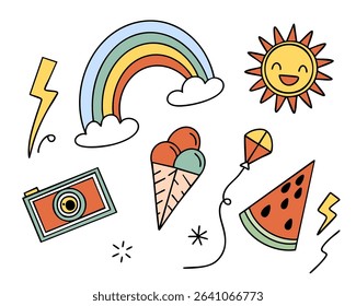 Collection of playful retro doodle icons including rainbow, watermelon, camera, and lightning in a minimal nostalgic cartoon style. Vector illustration.