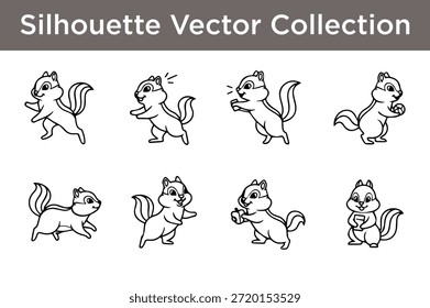 Collection of playful squirrel silhouettes isolated on white background