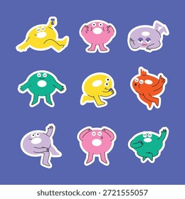 A collection of playful vector illustrations featuring nine unique, colorful blob-like monster characters expressing various emotions and poses. The characters have a whimsical, rounded design with small limbs and expressive faces, perfect for adding a fun and quirky touch to any project. These cute doodles are ideal for use in digital designs, children's products, social media graphics, messaging apps, print on demand, or general quirky branding.