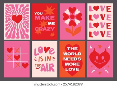 A collection of playful and whimsical posters dedicated to Valentine's Day. Prints consisting of hearts, lettering, typography and abstract shapes. Postcards to express love and affection.