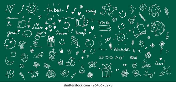 Collection of playful white doodles on a green background. Includes symbols, hearts, stars, and motivational words. Ideal for creative projects and inspiration.