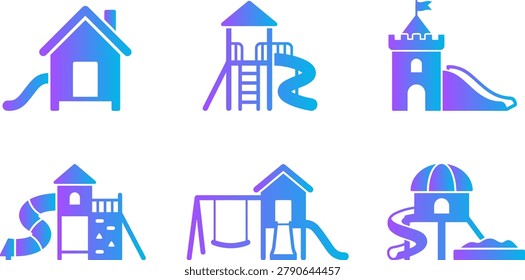 Collection of playground icons in gradient blue purple, showing various play structures like houses, slides, and swings.