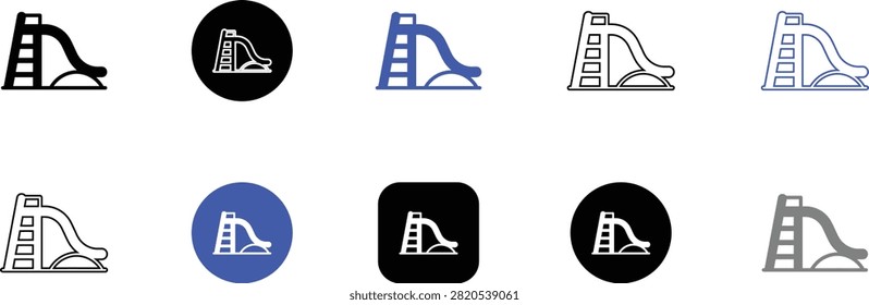 Collection of playground slide vector icons showing stairs and curved chutes in solid outline and rounded button formats.