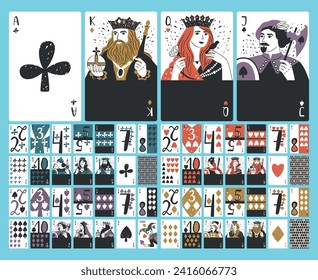 Colección de cartas de juego, cubierta completa. Vector de juego de cartas de juego, reina y jack, blackjack o ilustración de flush