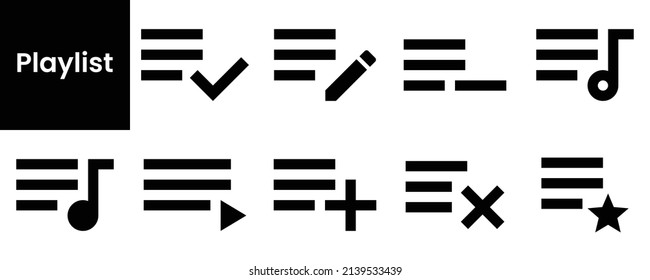 Collection of playlist icons. Black flat icon set isolated on white Background