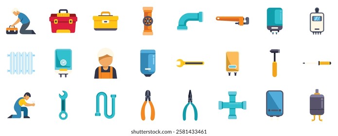 Collection of plumbing icons representing various tools, equipment, and actions related to plumbing and heating system maintenance