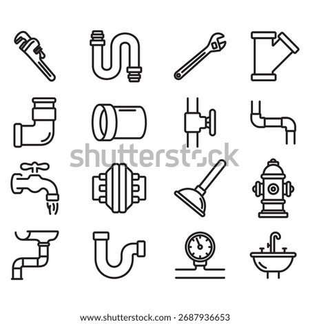A collection of plumbing icons. Thin line vectors. Contains icons of various shapes and types of pipes, ducts, and more.