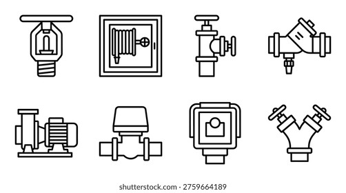 Collection of plumbing system components including sprinklers, fire hose, valves, pipes, pumps, connectors for water and fluid management.