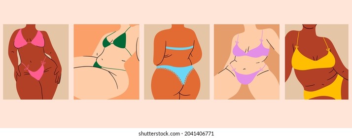Una colección de mujeres de plump. Además de las mujeres de tamaño con ropa de baño desnuda. Ilustración vectorial en estilo de caricatura