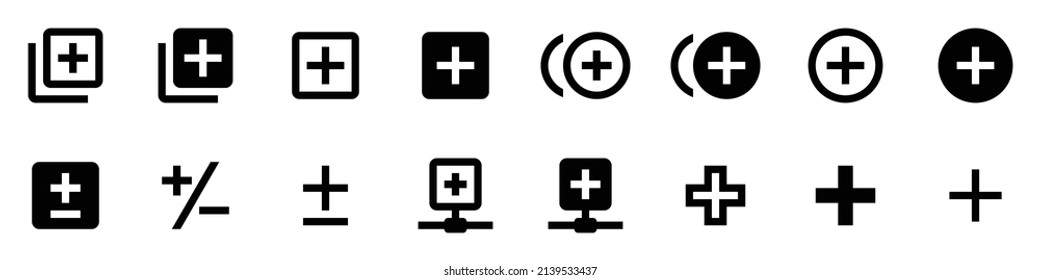 Kollektion von Plus-Symbolen. Schwarz-Flachsymbol einzeln auf weißem Hintergrund