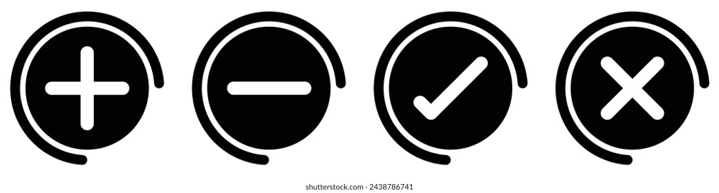 collection of plus minus icons. Round plus and minus icons set with different thicknesses. Vector.