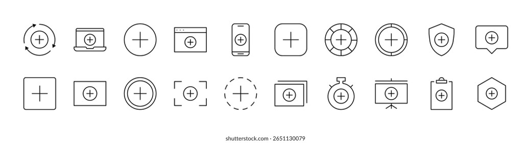 Coleção de Ícones de Linha Relacionados ao Sinal de Mais. Outline Signs para Gráficos e Web Design, Apps, Anúncios, Vários Cartões 