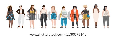 Collection of plus size women dressed in stylish clothing. Set of curvy girls wearing trendy clothes. Female cartoon characters isolated on white background. Colored vector illustration in flat style.