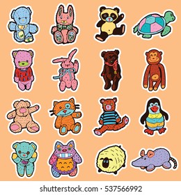 Collection of Plush Toys Stickers. Different Cartoon Toy Characters. Hand Drawn Illustration. Doodles Style.