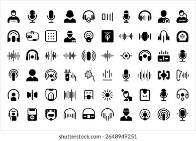 Collection of podcast and audio recording icons silhouette