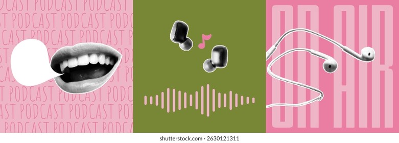 A collection of podcast blog covers in collage style. Dotted halftone textures, jagged edges, sound icons and colorful design for digital audio content, headphones and mouth with speech bubble.
