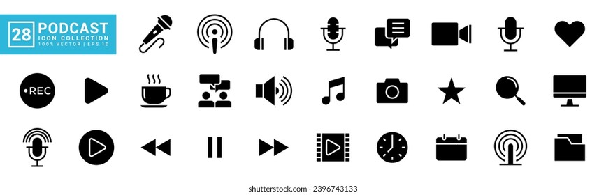 Collection of podcast icon, podcasting, radio, microphone, audio, record, news, video, vector template editable and resizable EPS 10