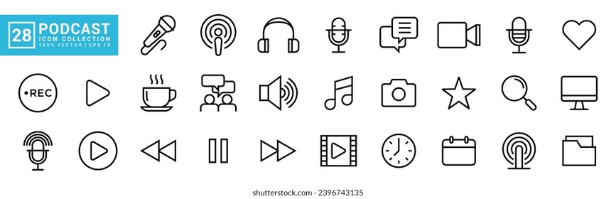 Collection of podcast icon, podcasting, radio, microphone, audio, record, news, video, vector template editable and resizable EPS 10