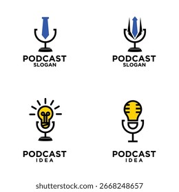Coleção de projetos de logotipo de podcast criativamente usando uma gravata e lâmpada, apresentando um símbolo criativo e moderno. Os ícones são ideais para marcar podcasts relacionados a negócios, ideias e informações.