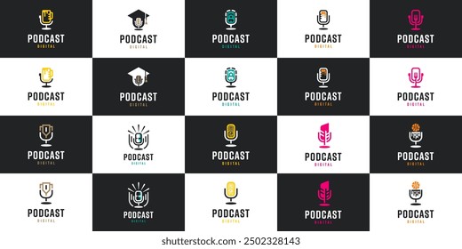 colección de logotipos de podcast con estilo de línea, transmisión, entrevista, micrófono, inspiración de diseño de logotipos.