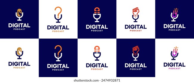 collection of podcast logos with minimalist themes, dialog, communication, ask, logo design template.