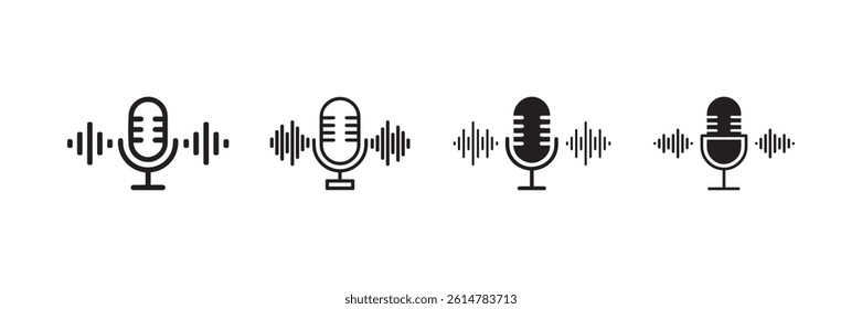 Collection of podcast microphone icons with soundwave elements in outline and solid styles perfect for audio music recording and podcast design on white background