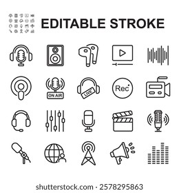 Collection of Podcast, Video and Audio icons. Podcasting, broadcasting and entertainment icon.