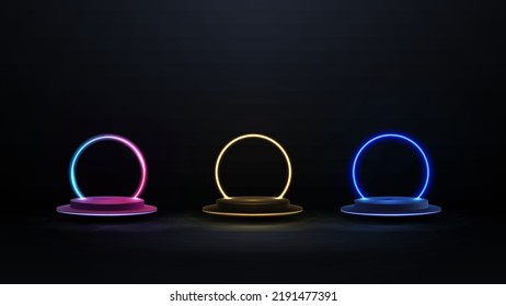 Collection of podiums with line neon round frames. 3d render. Dark abstract scene with pedestals floating in the air and neon circle frames