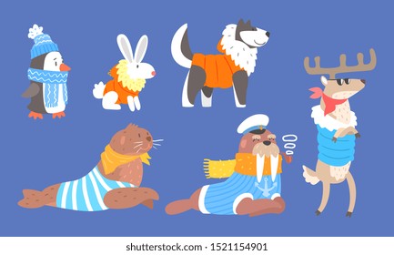 Collection of Polar Animals in Warm Clothes, Penguin, Rabbit, Husky Dog, Walrus, Fur Seal, Reindeer Vector Illustration