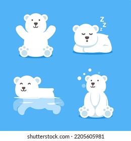 collection of polar bear vector illustrations in various poses. isolated in blue background