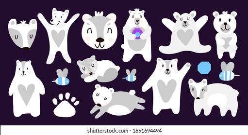 A collection of polar bears that sleep, run, wave their paw. Cute bears for printing on children's textiles, toys. print for clothes. Vector set in cartoon stele. Wild animal from the north pole