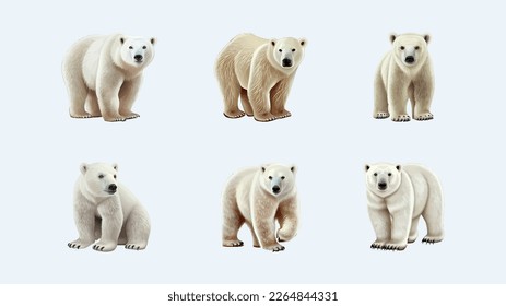 Collection of polar bears. Wild animals of the Arctic and the Arctic Circle. Realistic vector animal. A set of adult polar bears in various poses. Northern animals.Vector illustration.