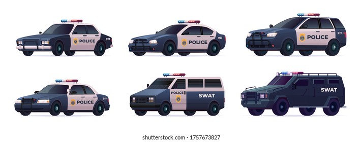 Collection of police cars of various types. City urban police car, van, suv, pursuit and swat truck svg