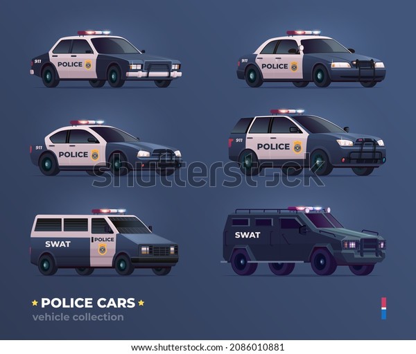 Collection of police cars.City urban police\
car,van, suv, pursuit and swat\
truck