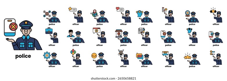 A collection of police officers in various poses. Some are holding a cell phone, while others are holding a clipboard