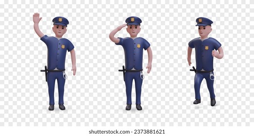 Collection of policeman group in different positions. Cop guard person holds hand near head and salutes, greets others and running. Justice and law concept. Vector illustration